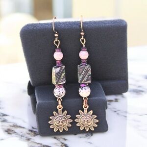 Handcrafted Sun Charm Dangle Earrings in Purple and Copper